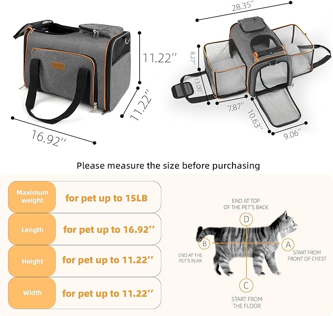 Cat Carrier,Portable Pet Carrier Bag for Cats and Small Dogs,Foldable Soft-Sided and Scratch-Proof mesh Cat Bag Pet Carriers,Airline Approved Pet Carrier,Pet Travel Carrier Up to 15 Lbs,Grey