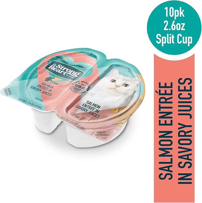 A Strong Heart Split Cup Wet Cat Food, Salmon Entree - 2.6 oz Split Cups, 20 Servings (Pack of 10), Made in The USA with Real Salmon & Poultry