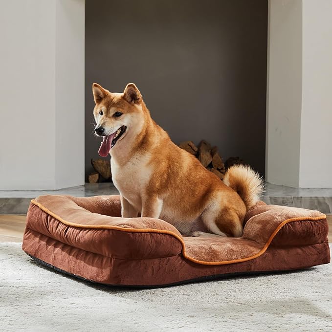 DUMOS Orthopedic Dog Beds for XL Large Sized Dogs, 42x32 in Machine Washable Cover Pet Bed, Anti-Slip Waterproof Memory Foam Couch Bed for Indoor Dogs and Cats, Brown