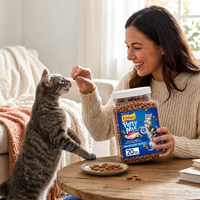 Purina Friskies Party Mix Crunch Beachside Cat Treats, Seafood Flavors (Ocean Whitefish, Shrimp, Crab & Tuna), Crunchy Cat Snacks, 30 oz (1.25 lb)