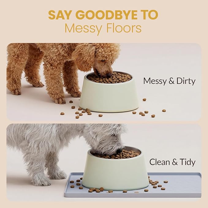 Silicone Pet Feeding Mat - 100% Waterproof Dog & Cat Bowl Pad with Raised Edges - Protects Floors from Messy Eaters & Spills - Anti-Slip, 100% PET-Safe, Dishwasher Safe (Grey 22" x 14")
