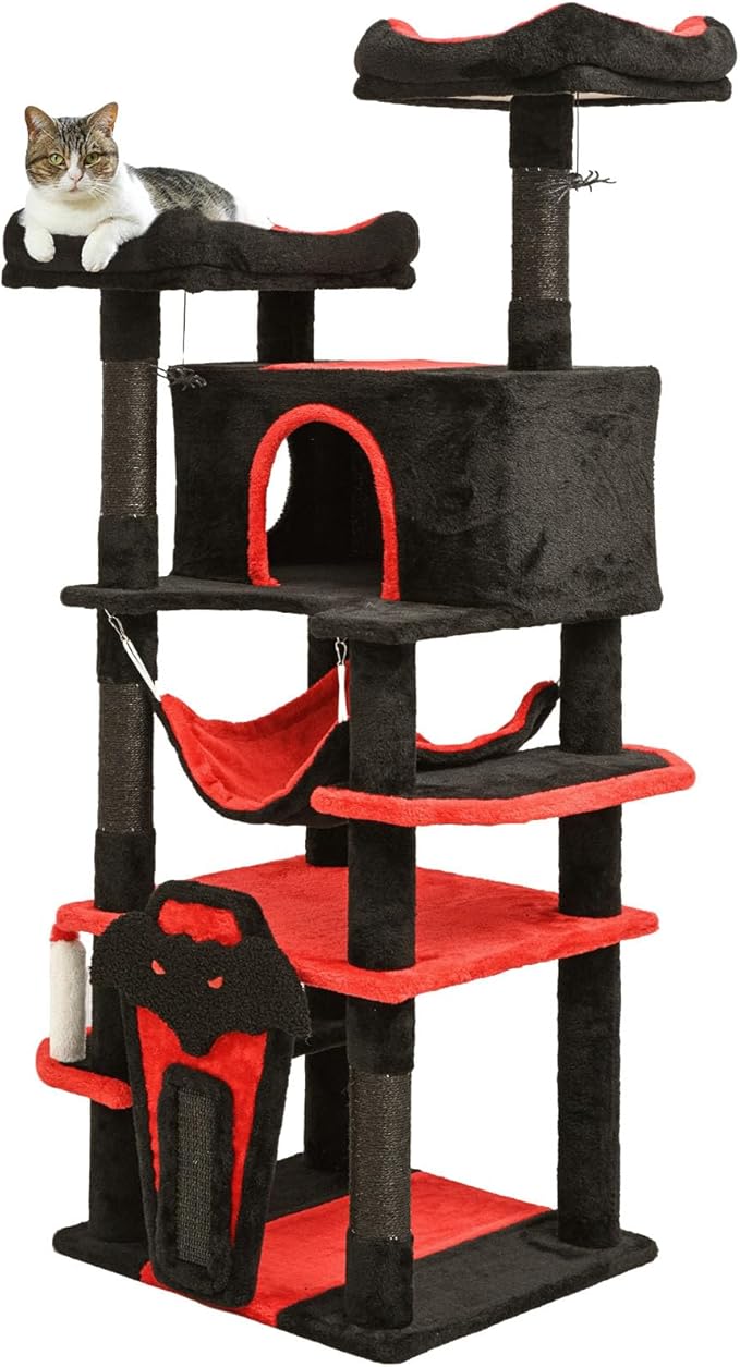 BYBYME Gothic Cat Tree for Halloween, 62in Tall Sturdy Furniture Set with Bed House, Hanging Toy, Scratching Board Sisal-Covered Posts, Multifunctional Cat Play Tower with Hammock（Black Red）