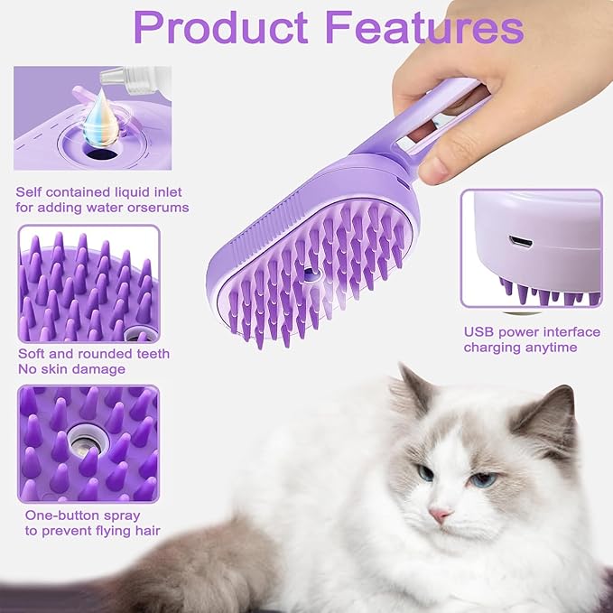 Cat Steam Brush for Shedding, 2026 New 4 in 1 Rechargeable Steam Pet Brushes for Cats & Dogs, Indoor Anti-static Pets Brush for Massage, Cleaning, Shedding & Combing Hair (Purple)