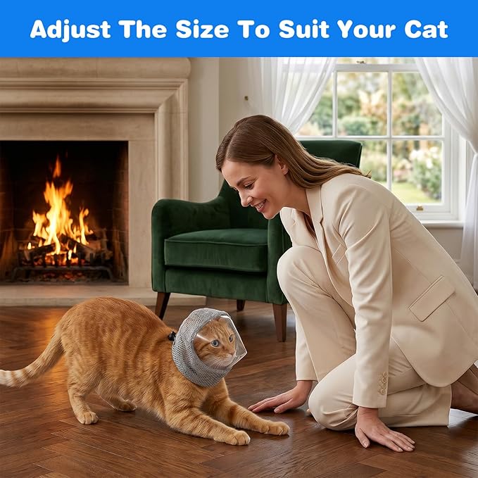 Adjustable Cat Muzzle for Grooming Biting Prevention Breathable TPU Cats Pet Head Cover Cats Helmet for Grooming with Transparent Anti-Bite Bubble Muzzle for Nail Trimming Bathing Vet Visits(S)