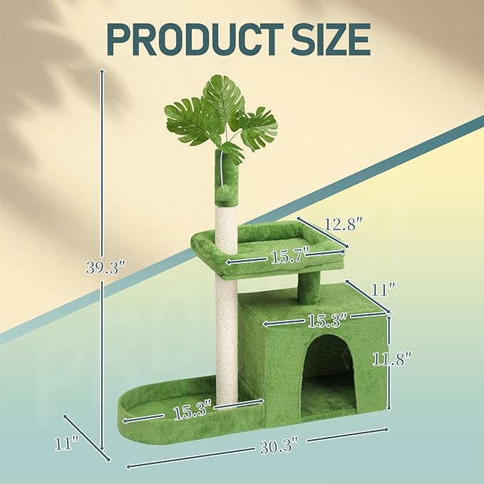 40in Cat Tree with Leaves, Multi-Level Cat Tower with Scratching Post, Cozy Condo & Padded Perch, Dangling Ball Toy for Kittens and Indoor Cats, Compact Cat Furniture for Small Spaces, Green