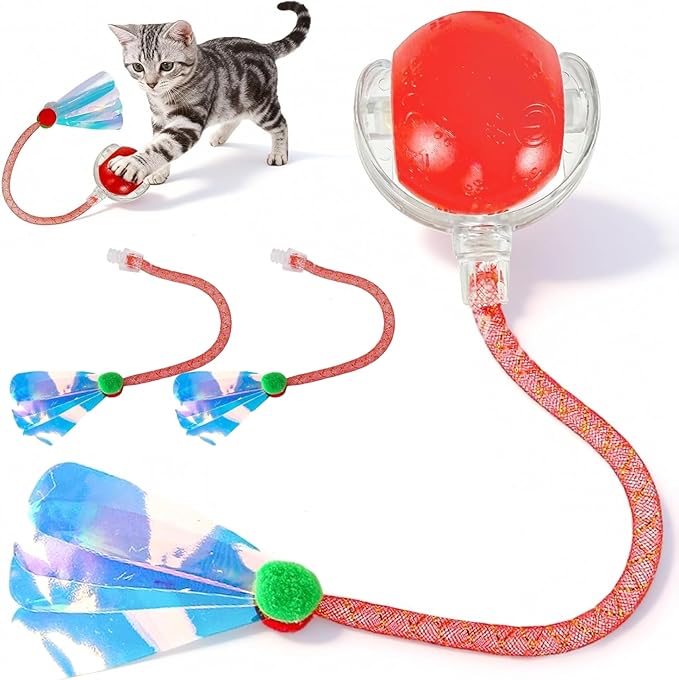 Rocfish Cat Toys, Cat Toys for Indoor Cats, Cat Toys Interactive, 360° Rotating Automatic Interactive Cat Ball, Smart Activation, LED Light, Type-C Rechargeable, 3 Replaceable Dragonfly Tails (Red-N)