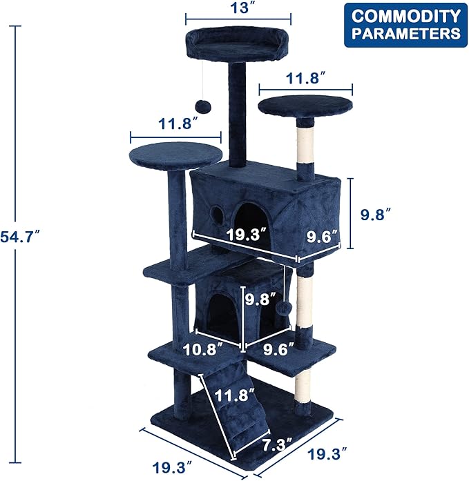 54 Inch Tall Cat Tree Tower: Multi-Level Cat Condo with Scratching Post, Toys & Kitten Rest, Navy Blue