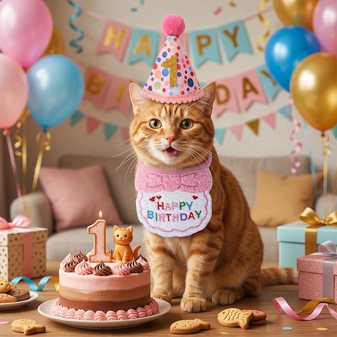Cat Birthday Outfit, Cat Birthday Bandana and Hat Set with Number Kitten Birthday Costume, Cute Pet Birthday Party Decoration Outfits for Pet Cats Supplies (Pink)