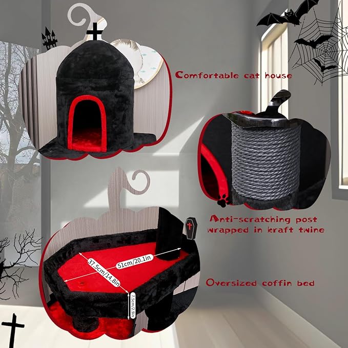 YARUOMY Gothic Castle Cat Tree, 68.9in Black Tall Cat Tower with Coffin Cat Bed, Spacious Cat Condo for Large Cats, Scratching Posts, Spider Hanging Ball,Basket,Cat Ball Track Toy