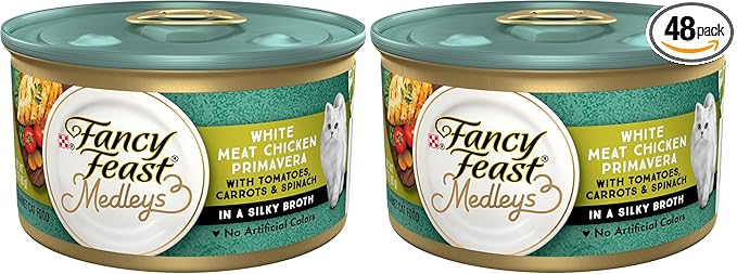 Fancy Feast Purina Medleys White Meat Chicken Primavera with Tomatoes, Carrots and Spinach in a Silky Broth - 3 oz. Cans (Pack of 48)