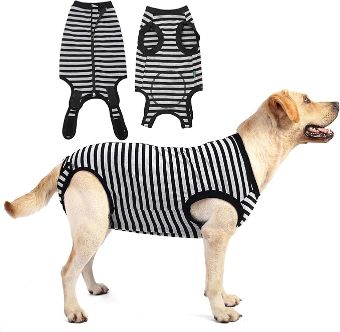 Dog Recovery Suit,Surgery Female Male Dog Shirt,Spay,Neuter Recovery Clothes,Zipper Closure Cotton Striped Wounds Protect Suit,Black Striped XS