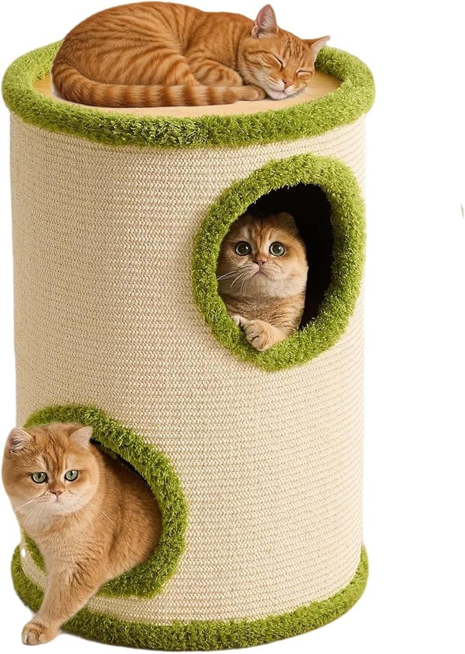 Cat House for Indoor Cats，Scratchable Sisal Material Cat Cave with 2 Hideaways & 3 Soft Pads-Sturdy &Space-Saving Cat Condo Furniture for Multiple Cats & Small Pets, Easy Assembly
