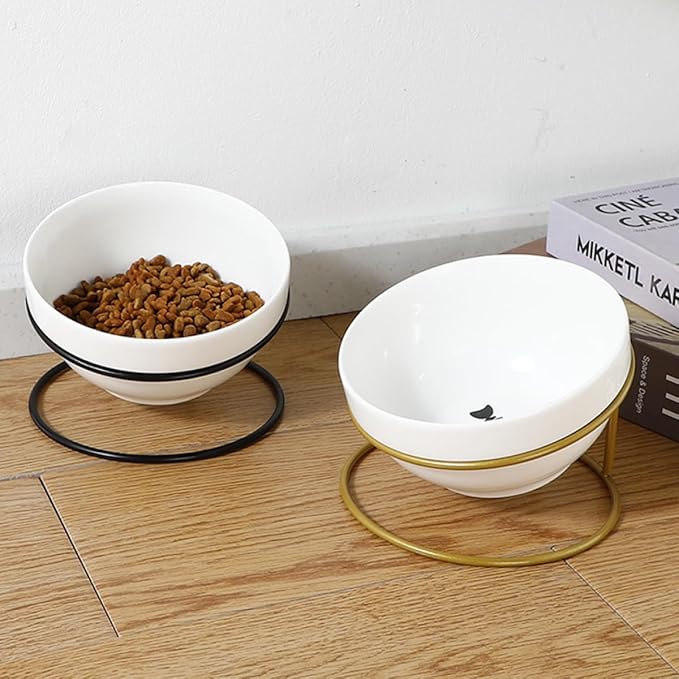 TOYANDONA Ceramic Pet Food Bowl Iron Raised Slant Stand, Elevated Cat Dog Feeder Bowl for Spine Protection, Suitable for Household Feeding and Watering Random Style