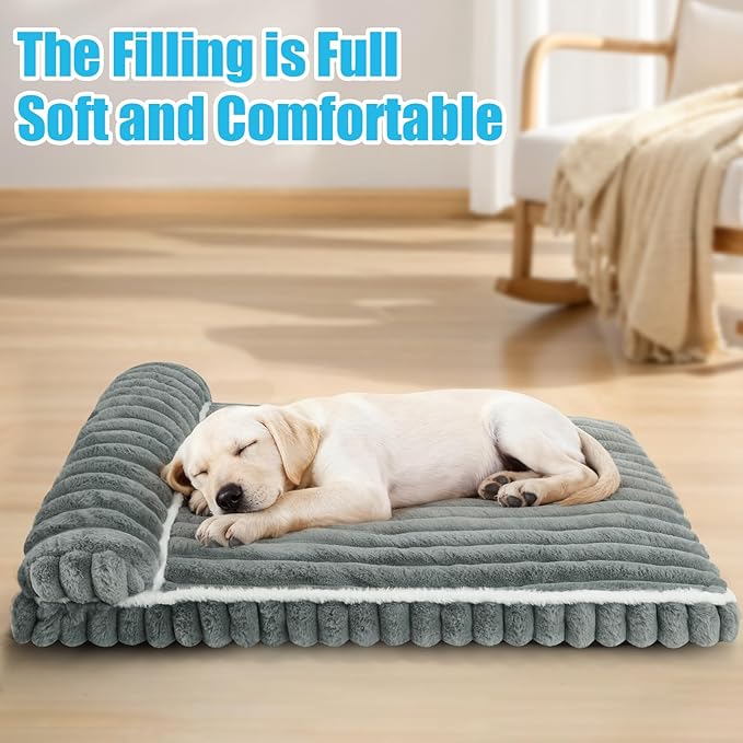 Comfort Dog Beds for Large Dogs,Dog Bed with Removable Washable Cover, Deluxe Plush Dogs Beds for Crate with Pillow, Anti-Slip Pet Mat Mattress for Kennel with Durable Zipper(Grey,L)
