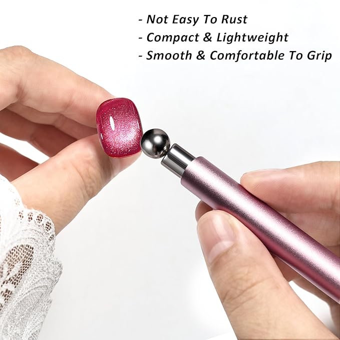MEILINDS Cat Eye Magnet for Nails, Double-head Magnet Wand with Round Nail Magnet Beads Nail Polish Magnet Pen Magnetic Cat Eye Gel Polish Nail Design Tool for Home DIY, Salon, Rose Gold