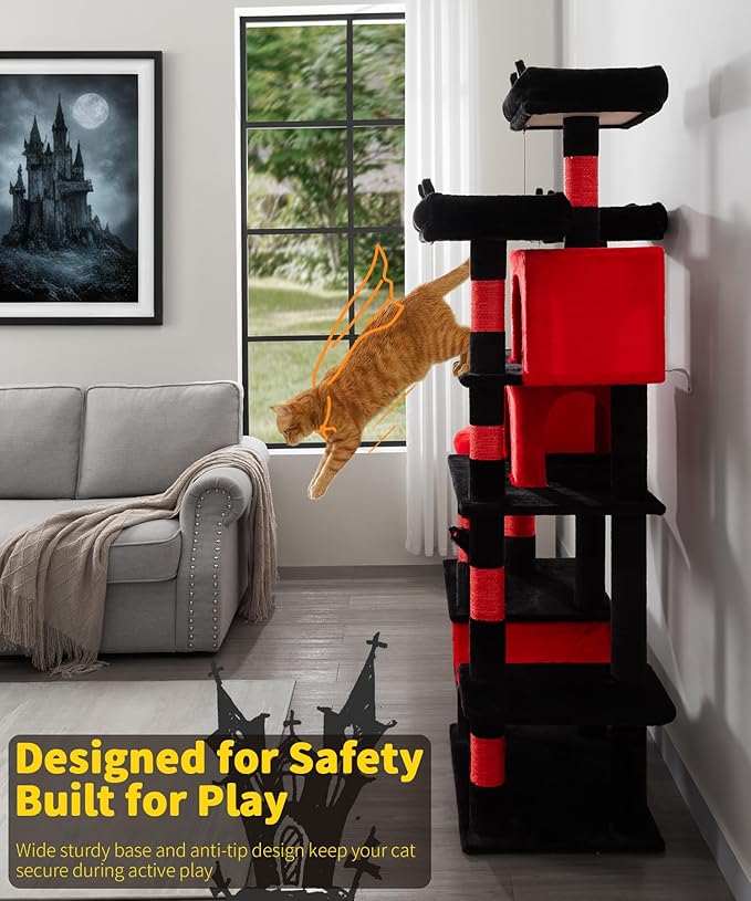 Heavy Duty Cat Tree for Indoor Cat, 71 Inch Large Cat Tower with Scratching Post and Top Perch, Hammock, Big Cat Condo for Adult Cats Kittens, PMT03RD, Black Red