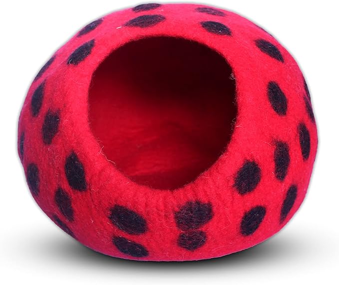 Woolygon Premium Felt Cat Cave Bed – Wool Kitty Beds Handcrafted Kitten Caves Bed for Indoor Cats - Made from Merino Wool, Foldable Cat Hideaway Covered Cat House Pod (Red Polka)