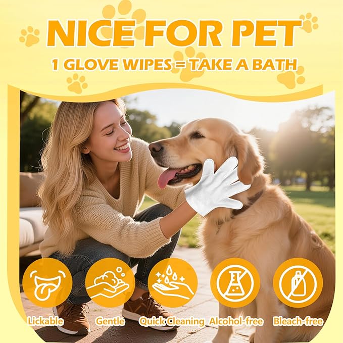Pet Grooming Gloves (20 Count), Hypoallergenic Deodorizing Wipes for Dogs & Cats - Disposable Bath & Coat Cleaning Gloves for Shiny Fur