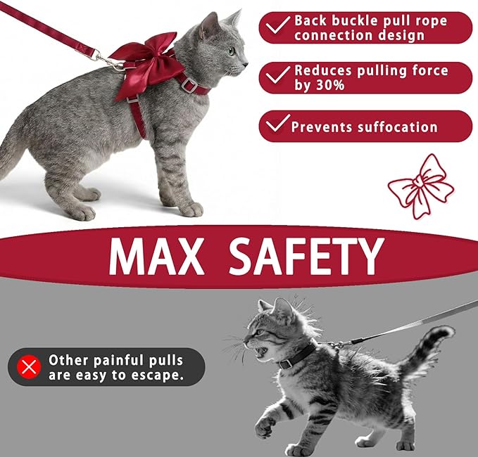Tensho Red Bow Cat Harness and Leash Set Escape Proof, Adjustable Kitten Harness with Leash, Bow Tie Cat Harness for Walking Outdoor - Soft Lightweight Harness for Small Dogs Cats Rabbits (S)
