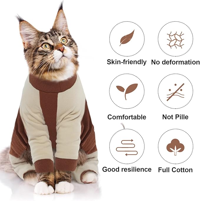 QBLEEV Sticky Hair Cat Clothes, Soft Cat Pajamas for Cats Only, Prevent Lost Fur Kitten Sweater Onesie, Stretchy Recovery Suit for Female Male Cats After Surgery Daily Wear, Brown, S