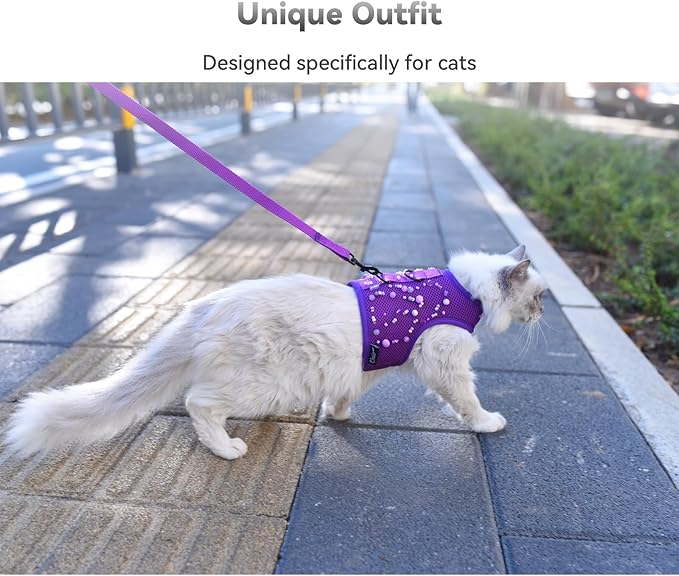 Cat Harness and Leash for Walking Escape Proof Breathable Mesh Fabric, Purple, XX-Large, Adjustable Cat Walking Jackets, Padded Stylish Cat Vest