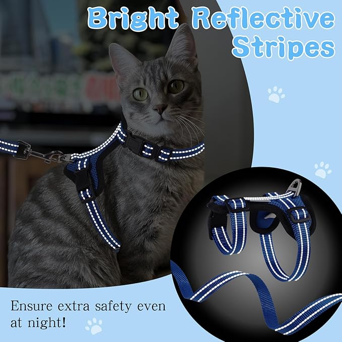 Cat Harness and Leash Set for Walking,Adjustable Escape Proof Kitten Harness and Leash with Reflective Strips,Easy to Wear Soft Breathable Harness for Cats Puppy Bunny Dogs Blue