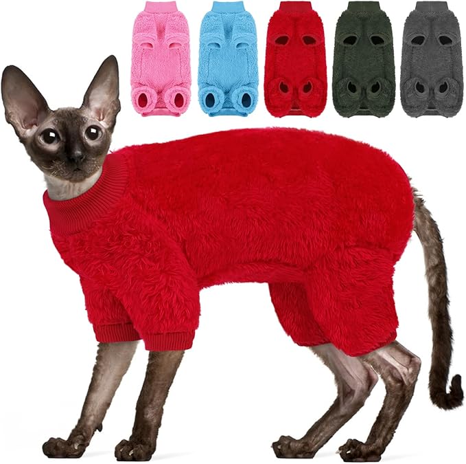 Sphynx Hairless Cat Sweater, Full Body Warm Fleece Sweaters with Sleeves for Cats, Soft Turtleneck Cat Clothes, Cozy Pullover Pajamas for Hairless Cats Devon, Donskoy & Small Dogs, Red L