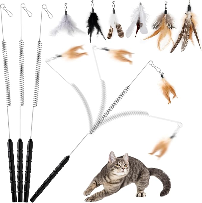 ROSAUI Durable Cat Wand Toy Set for Cats, 4 Steel Wire Teasers with Soft Spring, 7 Replaceable Feather Refills, One-Piece Molded Handle for Interactive Indoor Play, Best for Small to Medium Cats