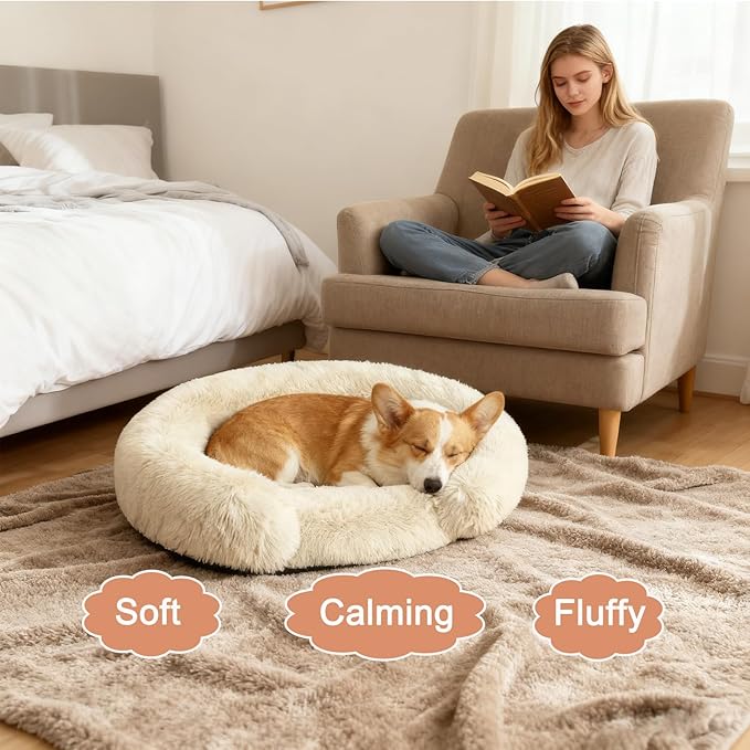 Calming Dog & Cat Beds with Orthopedic Egg-Crate Foam Raised Rim, Soft Fluffy Faux Fur Pet Bed for Small Medium Dogs, Anxiety Relief Spine Support, Machine Washable Cover (Round, Beige 23")