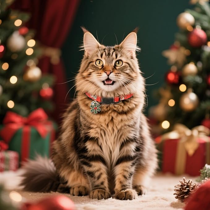 Christmas Cat Collar Breakaway 2 Pack, Cat Collar with Bell & Charms, Adjustable Kitten Cute Christmas Themed Safety Collar for Boys and Girls