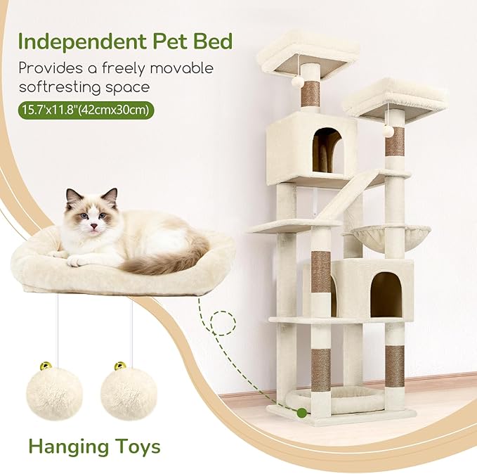 Globlazer 74in Heavy Duty Cat Tree for Large Indoor Cats, Multi-Level Cat Tower with Scratching Post, Cat Condos with Climbing Ladder, Hammock, Extra Large Top Perches, Pet Bed, F74D, Beige