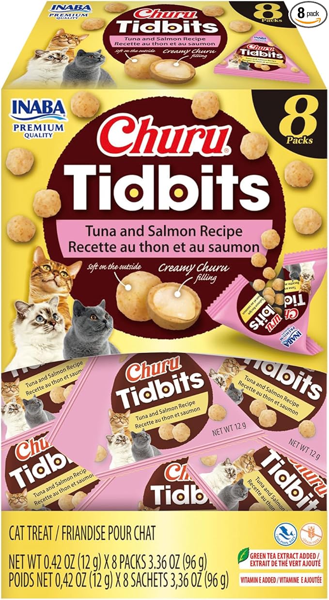 INABA Churu Tidbits for Cats, Soft & Chewy Churu Filled, Baked Chicken Cat Treats with Taurine & Green Tea Extract, 0.42oz per Pack, 8 Packs Total, Tuna & Salmon Recipe