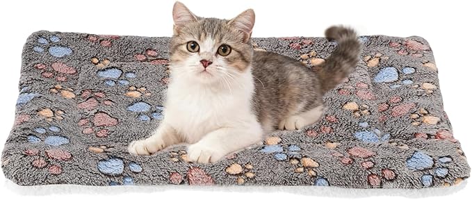 Dog Cat Bed Mat, Soft Coral Fleece Pet Cushion Pad with Cute Paw Print, Warm Washable Pet Bed 19x13 Inches, (Black), Intended for Medium Small Dog Cat