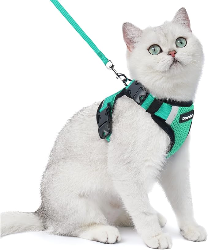 Dooradar Cat Harness and Leash Set, Escape Proof Soft with 3 Adjustable Buckles, Comfortable Vest Easy to Wear Kitten Harness with Reflective Strip, Safe for Outdoor Walking, Cyan Green, S