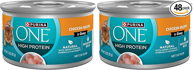 Purina ONE Natural High Protein Cat Food, Chicken Recipe in Wet Cat Food Gravy - (Pack of 48) 3 oz. Pull-Top Cans
