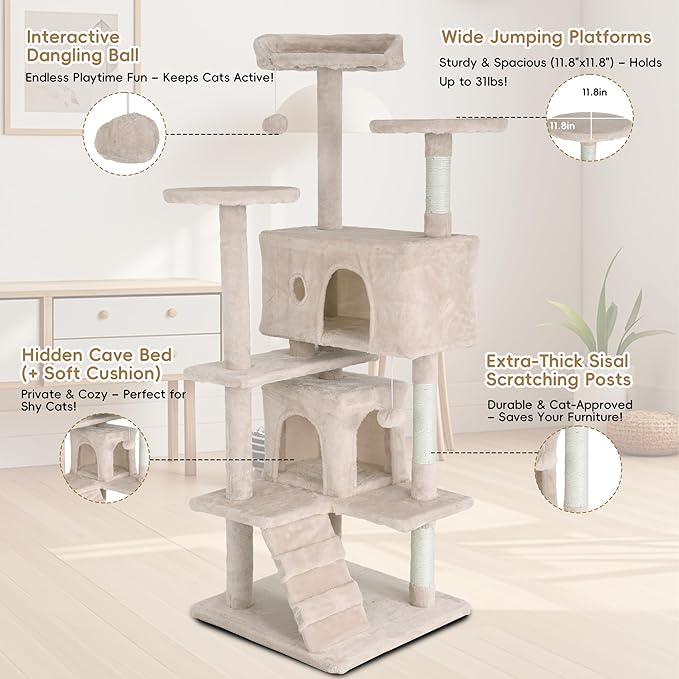 54" Cat Tree for Indoor Cats - Multi-Level Cat Tower with Scratching Posts, Jumping Platforms, Spacious Condo, Cat Bed Cave & Hidden Spaces - Durable Cat Furniture - Beige