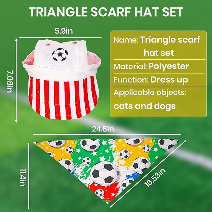 World Cup Football-Themed Dog Accessories: Triangular Bandana and hat Set. Breathable and Comfortable, Adjustable fit, Suitable for Small to Medium-Sized Pets for Outdoor Activities and photoshoots.