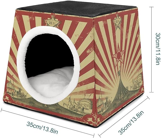 Cat Cave Cat Beds for Indoor Cats Vintage Circus Background Foldable Cat Hideaway with Washable Cushion and Non-Slip Base