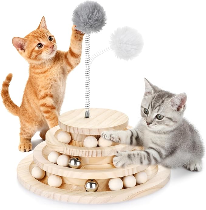 Large Upgraded Cat Track Ball Toy with Bell & Teaser Wand - 3-Layer Tower Roller, Interactive Wooden Cat Toy for Mental & Physical Exercise, Double Fun for Kittens & Adult Cats