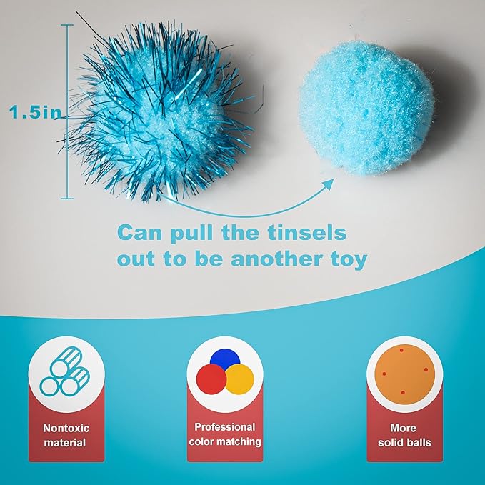 VAPKER 30 Piece 1.5" Blue Color Sparkle Balls Cat's Favorite Toy Tinsel Pom Poms Glitter