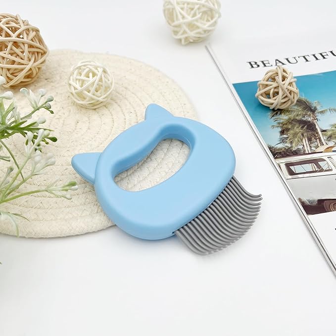 Original Cat-Face Pet Hair Removal Massage Shell Comb – Soft Deshedding & Dematting Grooming Tool (Blue)