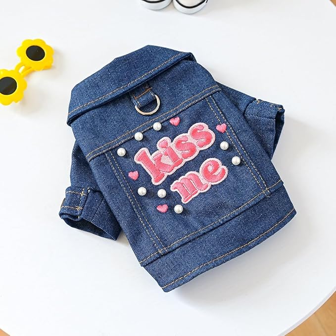 Cute “Kiss Me” Dog Denim Jacket, Fashion Pet Outfit with Pearl Details, Adorable Puppy Clothes for Small Dogs & Cats, Perfect Photo Outfit & Gift(XL)