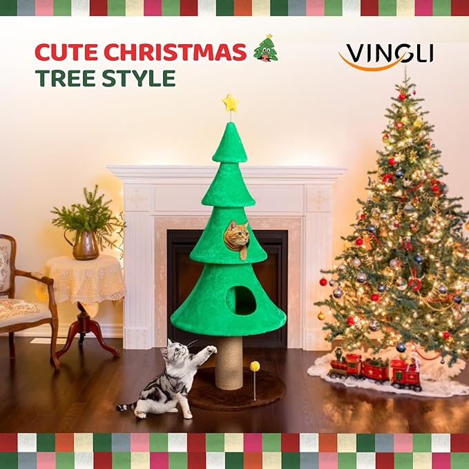 VINGLI 59in Large Christmas Tree Cat Tower for Indoor Cats, Green Cat Tree with 2 Cat Condos & Scratching Post, Soft Fleece Multi-Level Cat Tower with Teaser Toy, Sturdy Wide Base & Built-in Openings