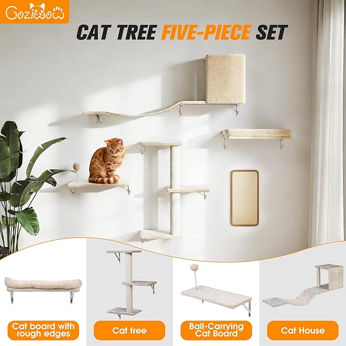 COZIWOW Cat Wall Shelves Set, 5-Piece Wall Mounted Cat Furniture with Cat Tree & Scratching Post, Floating Cat Perches for Indoor Cats（Beige）