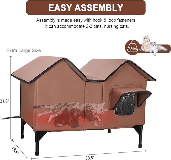 Heated Outdoor Cat House Weatherproof for Winter - Extra Large Heated Cat House for Outside Waterproof, Elevated Base, Escape Door, Insulated Outdoor Cat Shelter for Multiple Cats Feral Stray Kitty
