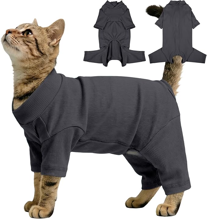 Sticky Hair Cat Clothes, Breathable & Lightweight, Reduces Shedding Fur Pajamas, Full Body Long Sleeve Surgical Bodysuit, Stop Licking & Shedding Darkgrey XL