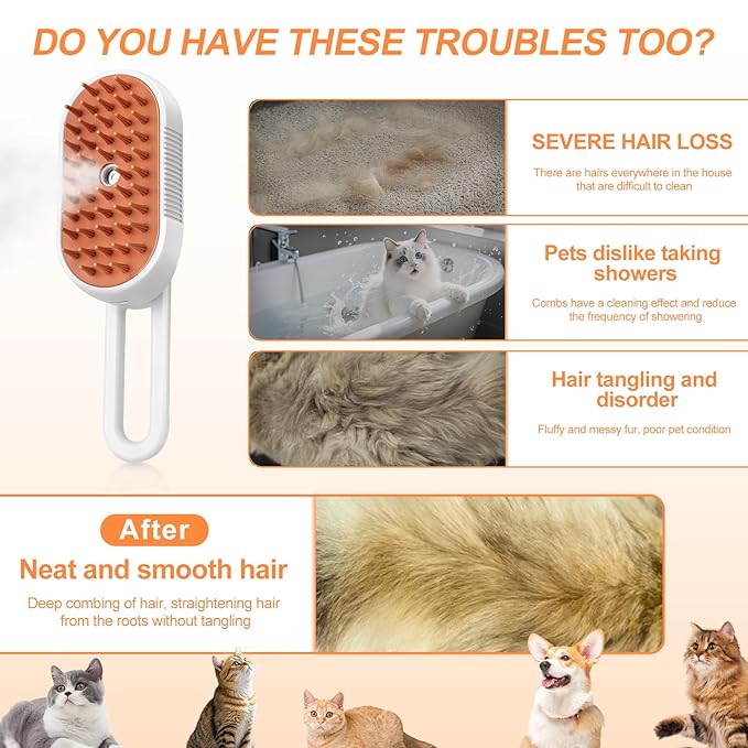 Steam Brush for Cat & Dog – 3-in-1 Spritz Pet Spray Hair Removal Comb for Grooming & Shedding Steam – Water Brush for Long & Short Haired Pets– Includes Two Bottles Waterless 2*Shampoo