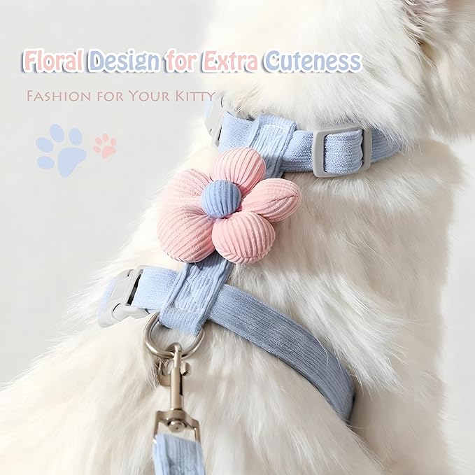 LeLehome Cat Harness and Leash Set Escape Proof Comfortable Lightweight Adjustable Strap for Walking, Travel, Kitten, Puppy (Pink Flower)