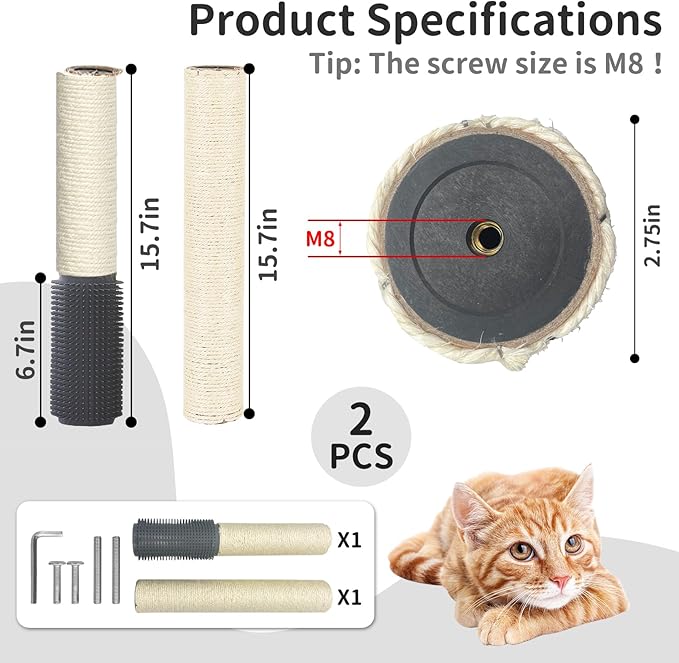 Fhiny 2PCS Cat Scratching Post Replacement, 15.7inch M8 Natural Sisal Cat Scratch Post with Cat Self Groomer Refill Pole Parts Kitten Climbing Furniture Protector Hemp Rope Scratcher for Spare White