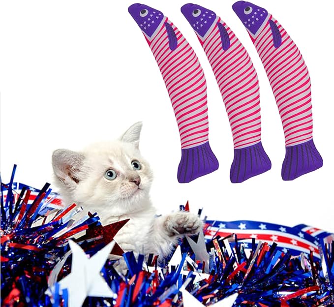 Catnip Fish Toys – Stars and Stripes Plush Cat Toys for Indoor Cats, Independence Day Themed Kicker Toy for Cats and Kittens, 4th of July Cat Gifts, 3-Pack
